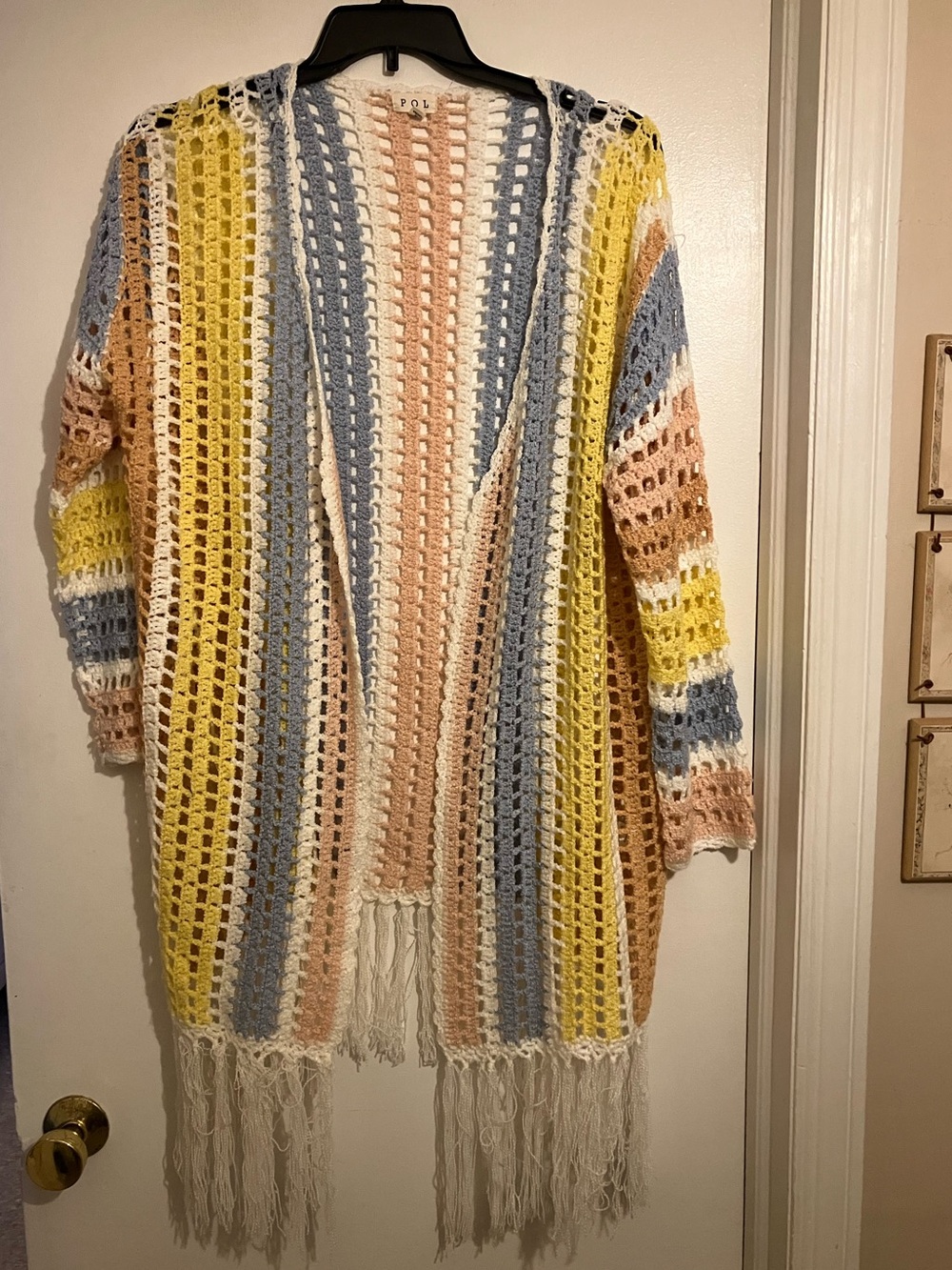 POL Crochet Open Front Fringe Cardigan Sweater - Pastel Stripes